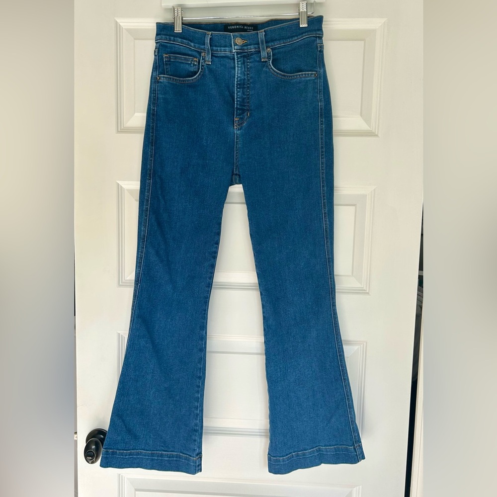 Veronica Beard Carson High Rise Ankle Flare Jeans Washed Oxford Sz 29